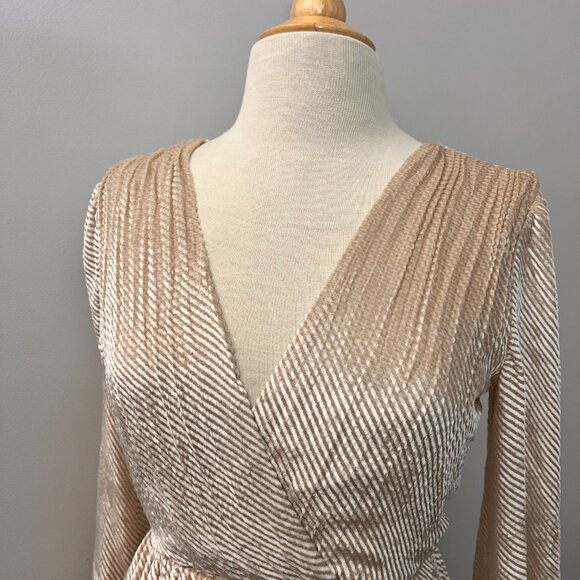 Alice + Olivia Beige Rania Wrap Style Mid-Length Pleated Cocktail Dress Sz 2 - Picture 3 of 15